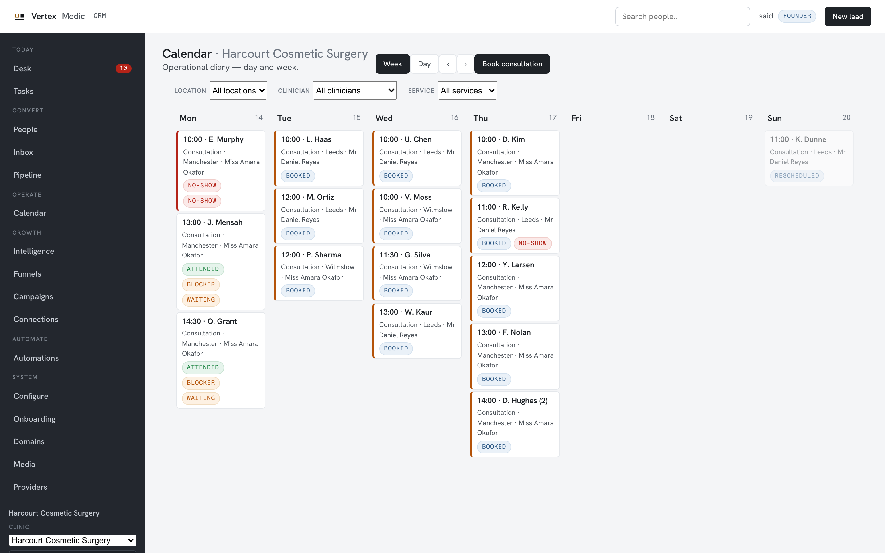 Vertex calendar: bookings, no shows, blockers and waiting time, counted not guessed