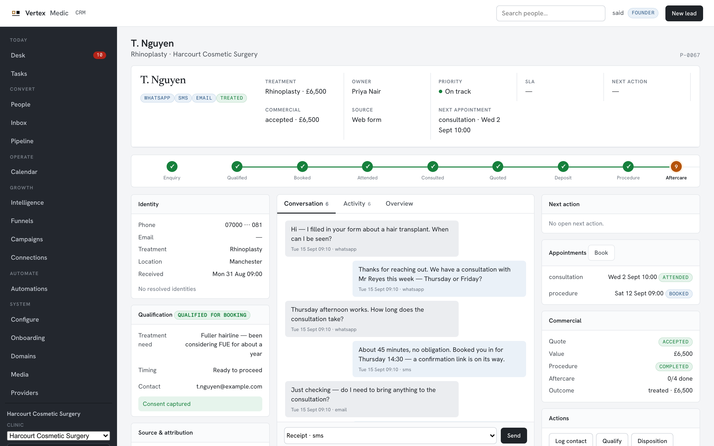 Vertex person record: one person, one record, from first message to last payment