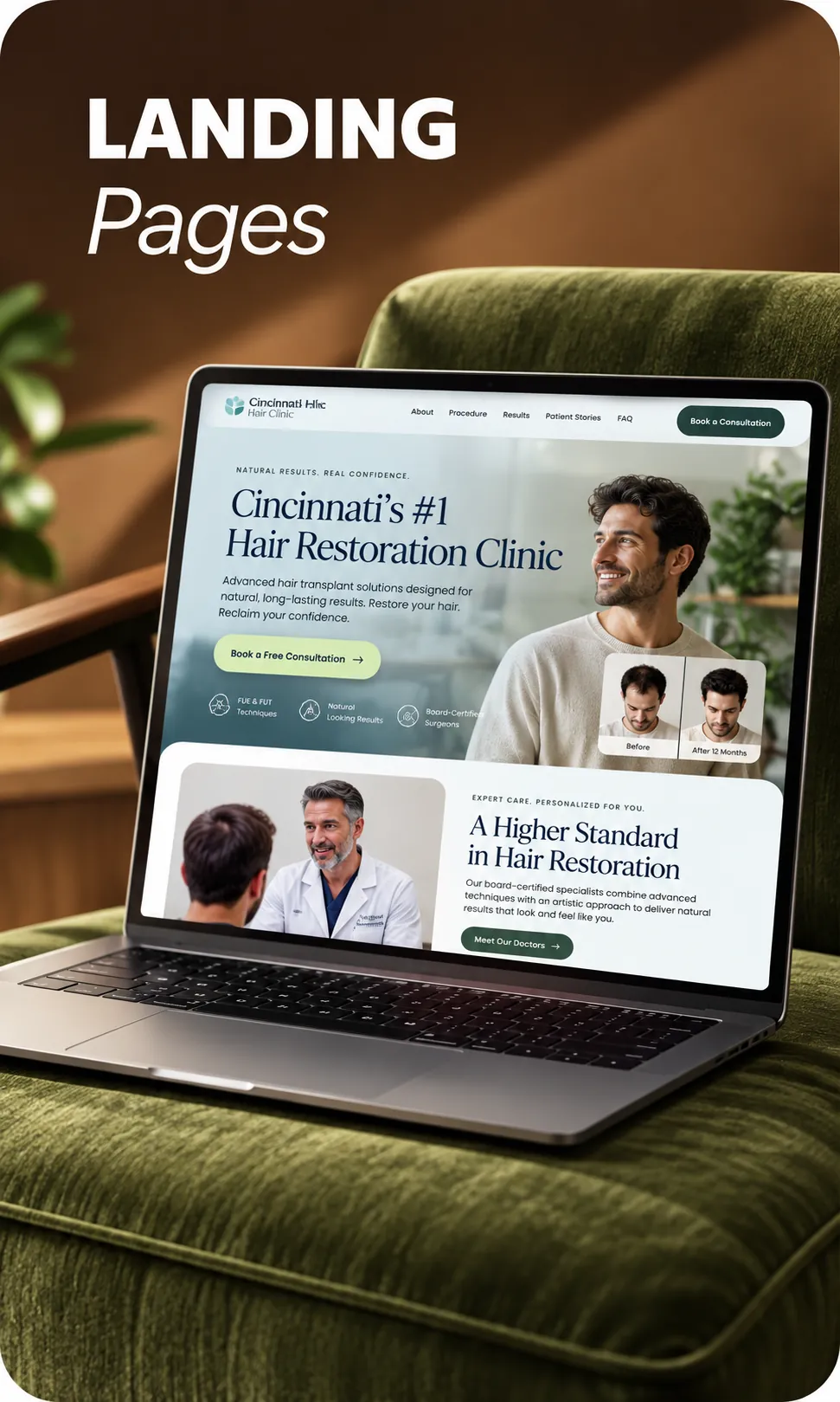 A clinic landing page on a laptop, with the consultation request in view.